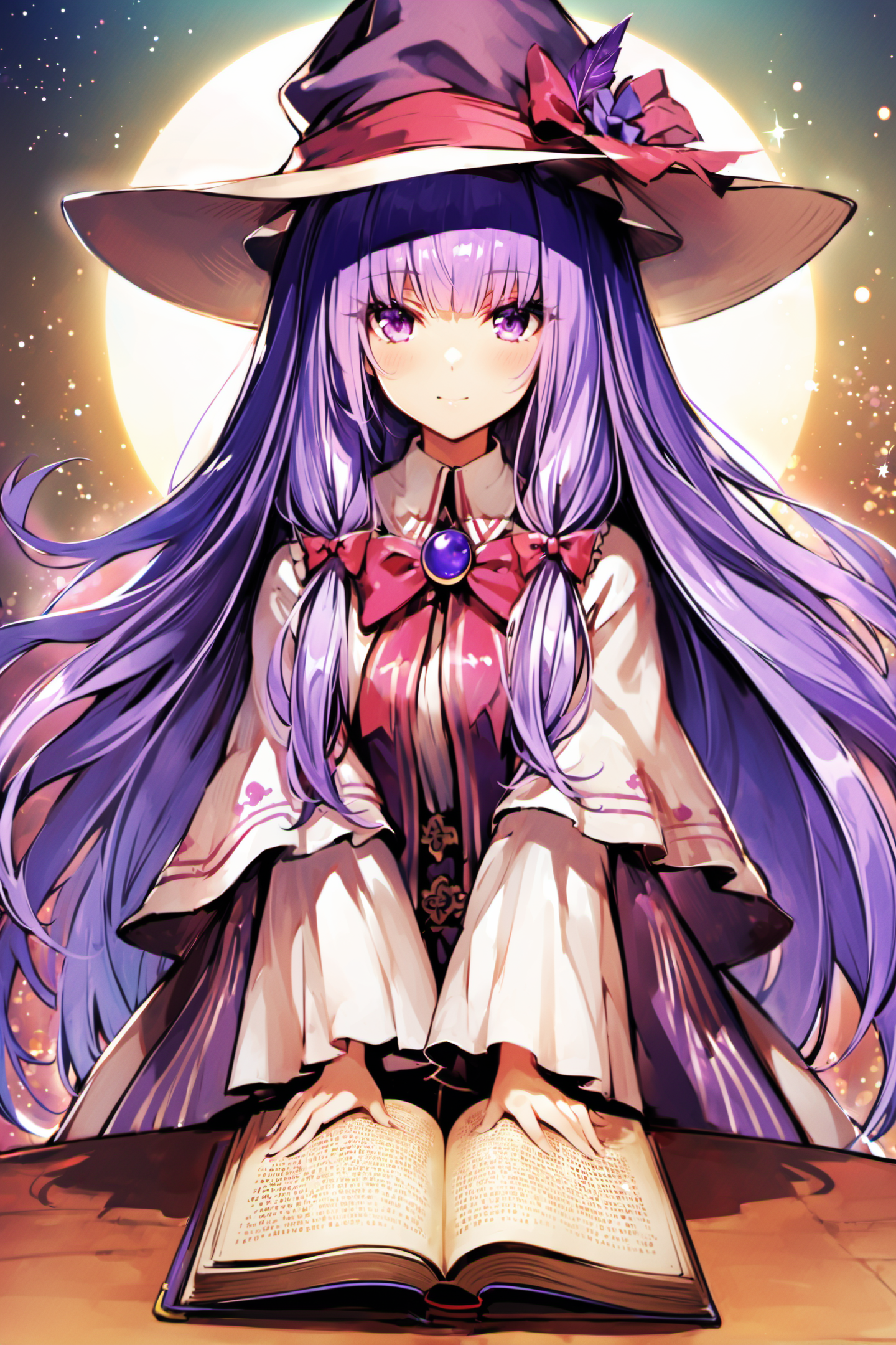 23856-1083529060-1girl, solo, patchouli knowledge, hat, long hair, book, purple hair, crescent, hat ornament, purple eyes, crescent hat ornament,.png
